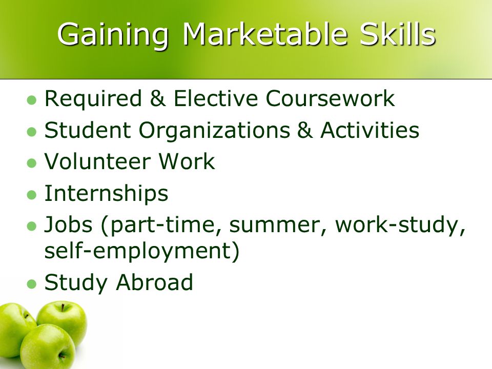 Gaining Marketable Skills Required & Elective Coursework Student Organizations & Activities Volunteer Work Internships Jobs (part-time, summer, work-study, self-employment) Study Abroad