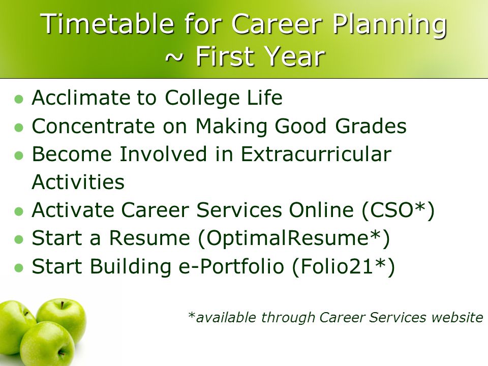 Timetable for Career Planning ~ First Year Acclimate to College Life Concentrate on Making Good Grades Become Involved in Extracurricular Activities Activate Career Services Online (CSO*) Start a Resume (OptimalResume*) Start Building e-Portfolio (Folio21*) *available through Career Services website