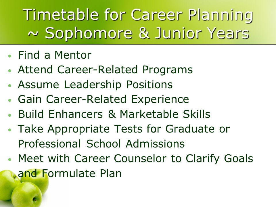 Find a Mentor Attend Career-Related Programs Assume Leadership Positions Gain Career-Related Experience Build Enhancers & Marketable Skills Take Appropriate Tests for Graduate or Professional School Admissions Meet with Career Counselor to Clarify Goals and Formulate Plan Timetable for Career Planning ~ Sophomore & Junior Years