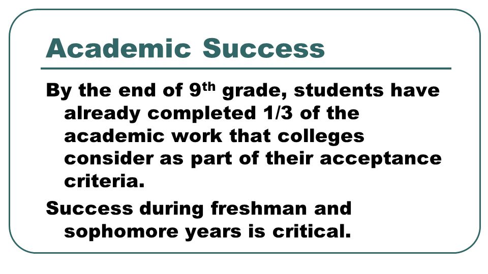 Academic Success By the end of 9 th grade, students have already completed 1/3 of the academic work that colleges consider as part of their acceptance criteria.