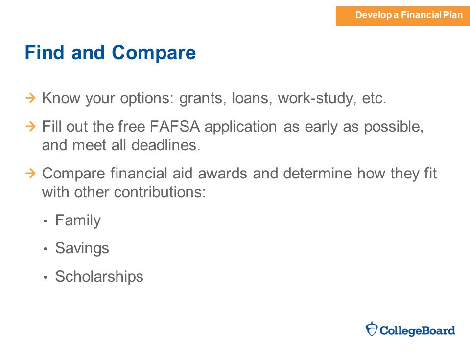Develop a Financial Plan Find and Compare Know your options: grants, loans, work-study, etc.