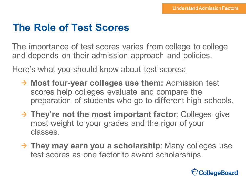 Understand Admission Factors The Role of Test Scores The importance of test scores varies from college to college and depends on their admission approach and policies.