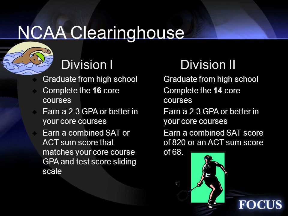 Division I  Graduate from high school  Complete the 16 core courses  Earn a 2.3 GPA or better in your core courses  Earn a combined SAT or ACT sum score that matches your core course GPA and test score sliding scale Division II  Graduate from high school  Complete the 14 core courses  Earn a 2.3 GPA or better in your core courses  Earn a combined SAT score of 820 or an ACT sum score of 68.