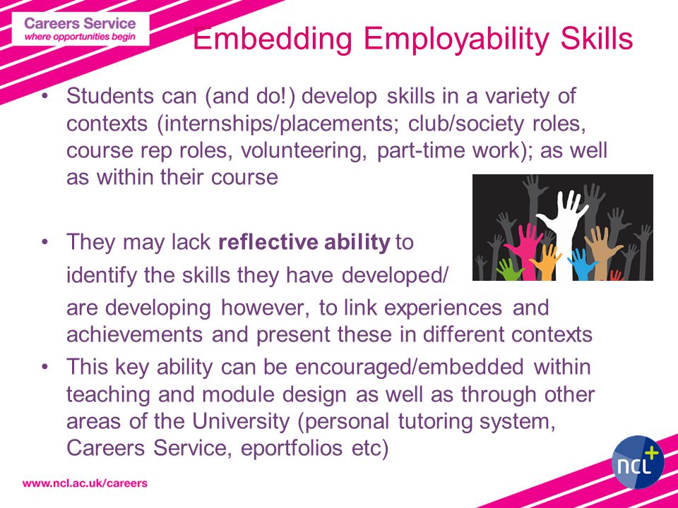3 Embedding Employability Skills Students can (and do!) develop skills in a variety of contexts (internships/placements; club/society roles, course rep roles, volunteering, part-time work); as well as within their course They may lack reflective ability to identify the skills they have developed/ are developing however, to link experiences and achievements and present these in different contexts This key ability can be encouraged/embedded within teaching and module design as well as through other areas of the University (personal tutoring system, Careers Service, eportfolios etc)