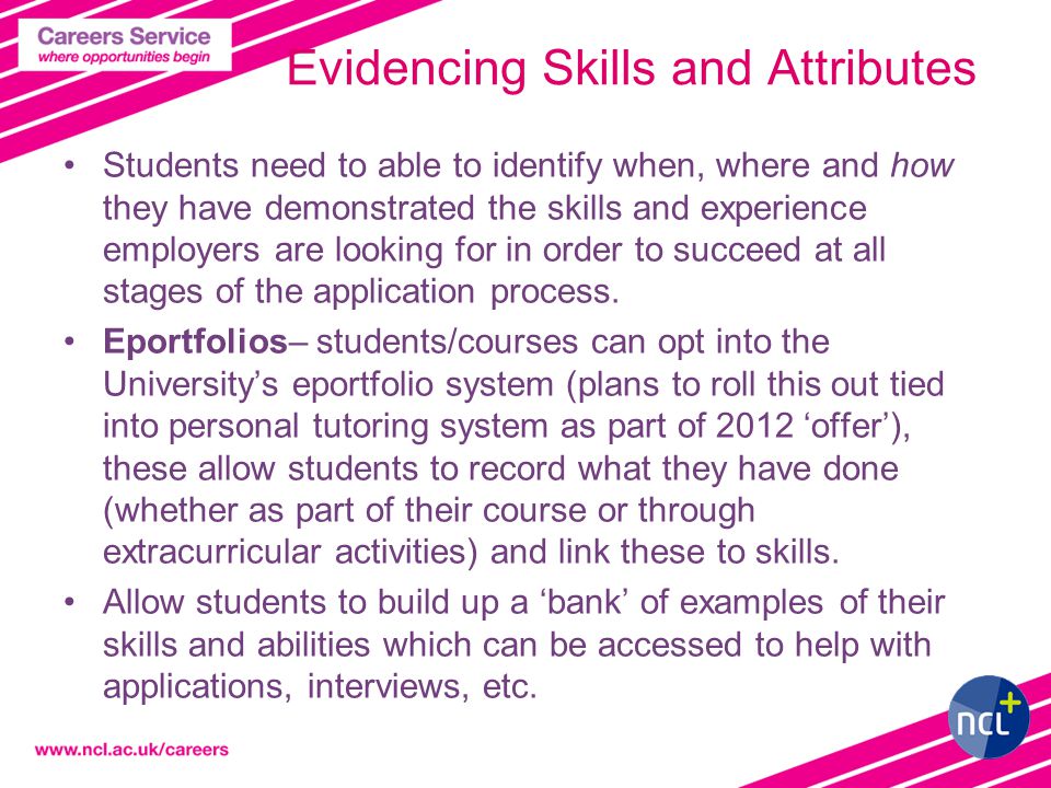 5 Evidencing Skills and Attributes Students need to able to identify when, where and how they have demonstrated the skills and experience employers are looking for in order to succeed at all stages of the application process.