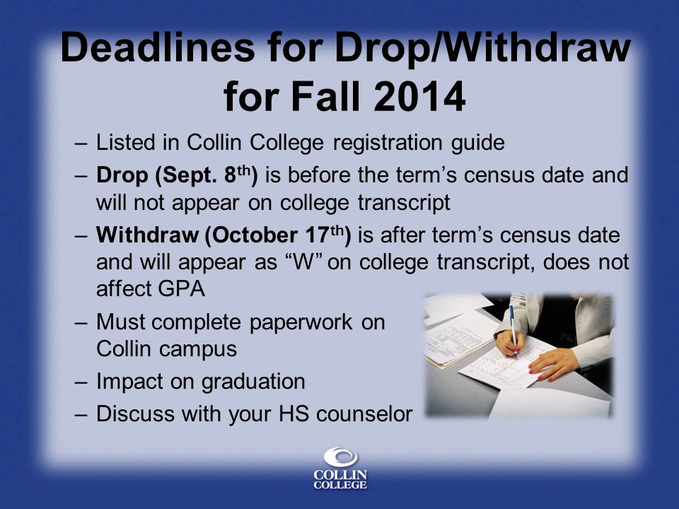 Deadlines for Drop/Withdraw for Fall 2014 –Listed in Collin College registration guide –Drop (Sept.