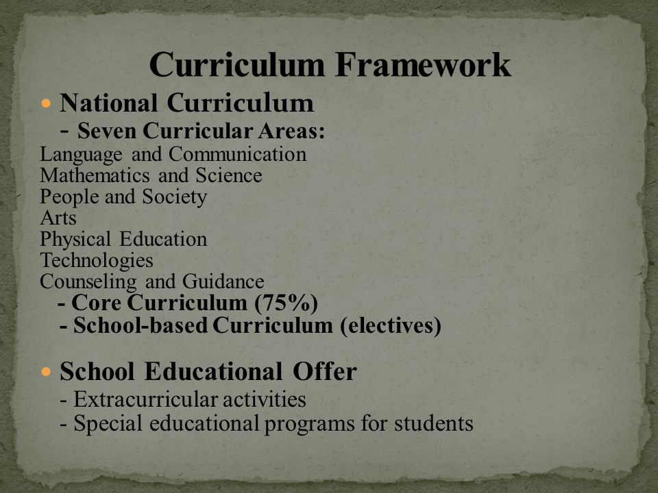 National Curriculum - Seven Curricular Areas: Language and Communication Mathematics and Science People and Society Arts Physical Education Technologies Counseling and Guidance - Core Curriculum (75%) - School-based Curriculum (electives) School Educational Offer - Extracurricular activities - Special educational programs for students