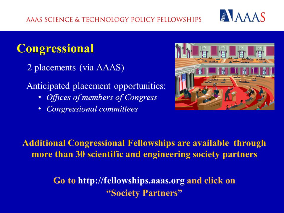 Congressional 2 placements (via AAAS) Anticipated placement opportunities: Offices of members of Congress Congressional committees Additional Congressional Fellowships are available through more than 30 scientific and engineering society partners Go to   and click on Society Partners