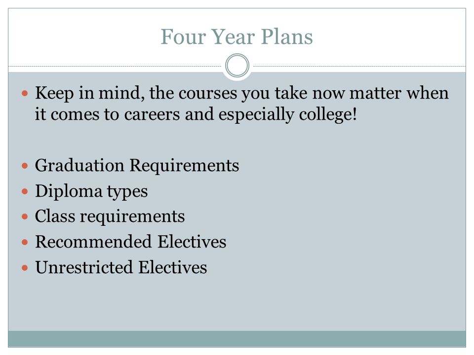 Four Year Plans Keep in mind, the courses you take now matter when it comes to careers and especially college.