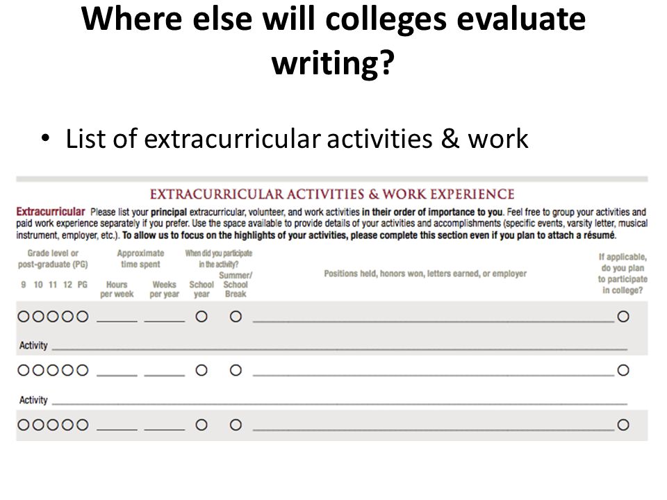 Where else will colleges evaluate writing List of extracurricular activities & work
