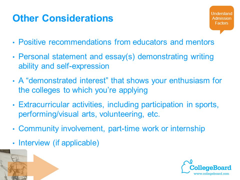 Other Considerations Positive recommendations from educators and mentors Personal statement and essay(s) demonstrating writing ability and self-expression A demonstrated interest that shows your enthusiasm for the colleges to which you’re applying Extracurricular activities, including participation in sports, performing/visual arts, volunteering, etc.