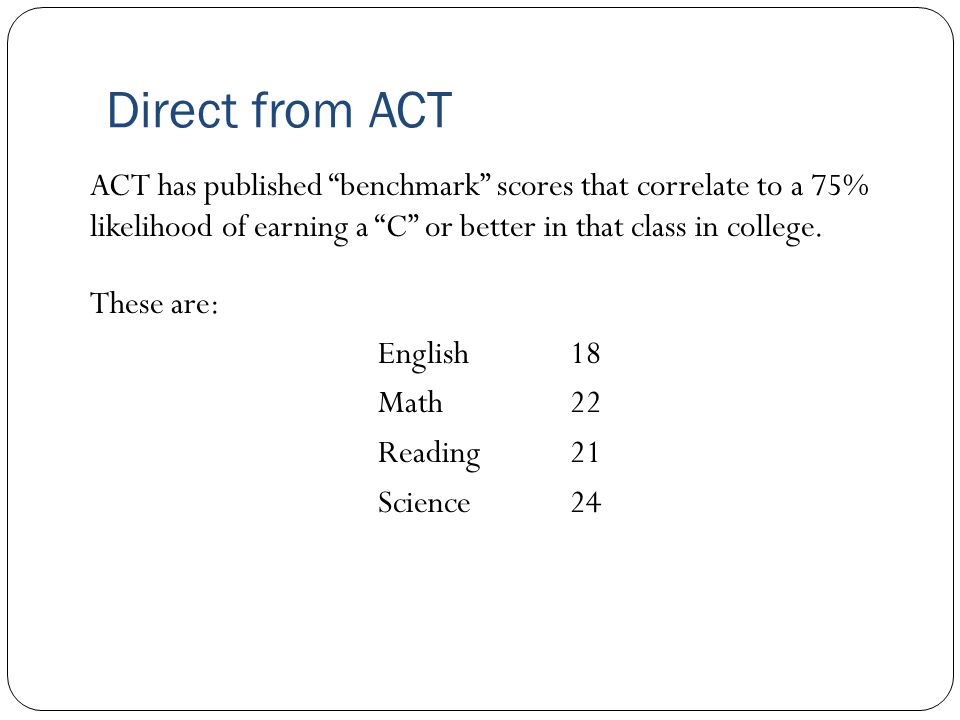 Direct from ACT ACT has published benchmark scores that correlate to a 75% likelihood of earning a C or better in that class in college.