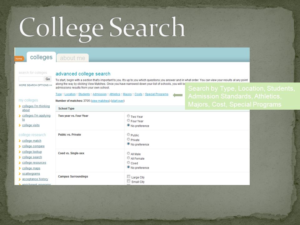 Search by Type, Location, Students, Admission Standards, Athletics, Majors, Cost, Special Programs