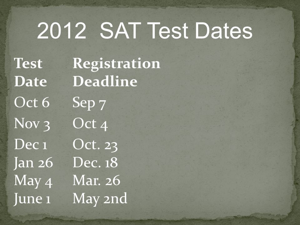 2012 SAT Test Dates Test Date Registration Deadline Oct 6Sep 7 Nov 3Oct 4 Dec 1 Jan 26 May 4 June 1 Oct.