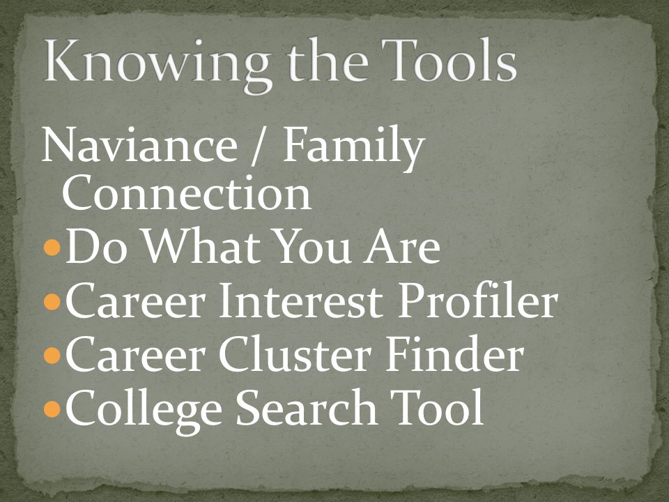 Naviance / Family Connection Do What You Are Career Interest Profiler Career Cluster Finder College Search Tool