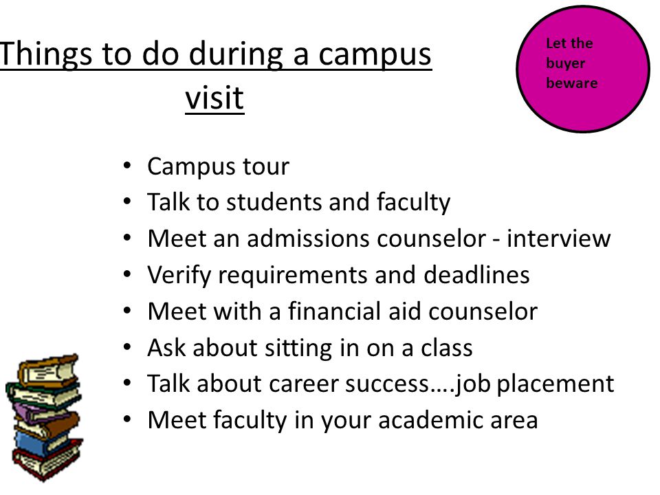 Things to do during a campus visit Campus tour Talk to students and faculty Meet an admissions counselor - interview Verify requirements and deadlines Meet with a financial aid counselor Ask about sitting in on a class Talk about career success….job placement Meet faculty in your academic area Let the buyer beware