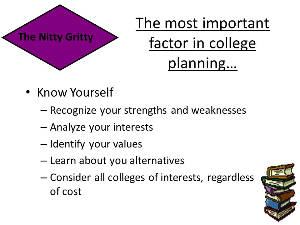 The most important factor in college planning… Know Yourself – Recognize your strengths and weaknesses – Analyze your interests – Identify your values – Learn about you alternatives – Consider all colleges of interests, regardless of cost The Nitty Gritty