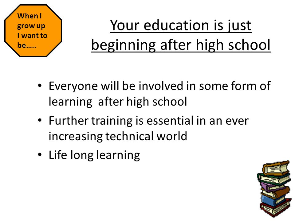Your education is just beginning after high school Everyone will be involved in some form of learning after high school Further training is essential in an ever increasing technical world Life long learning When I grow up I want to be…..