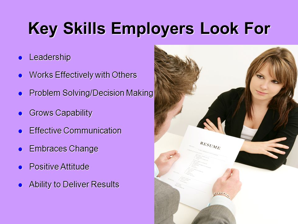 Key Skills Employers Look For Leadership Leadership Works Effectively with Others Works Effectively with Others Problem Solving/Decision Making Problem Solving/Decision Making Grows Capability Grows Capability Effective Communication Effective Communication Embraces Change Embraces Change Positive Attitude Positive Attitude Ability to Deliver Results Ability to Deliver Results