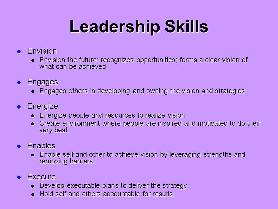 Leadership Skills Envision Envision Envision the future; recognizes opportunities; forms a clear vision of what can be achieved.