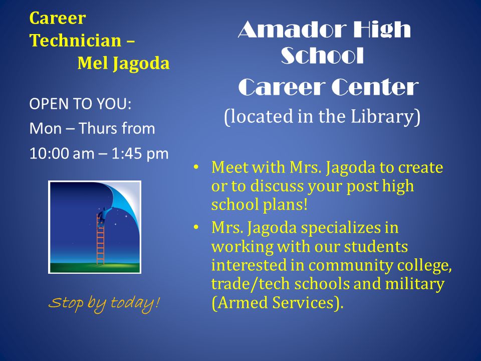 Career Technician – Mel Jagoda Amador High School Career Center (located in the Library) Meet with Mrs.
