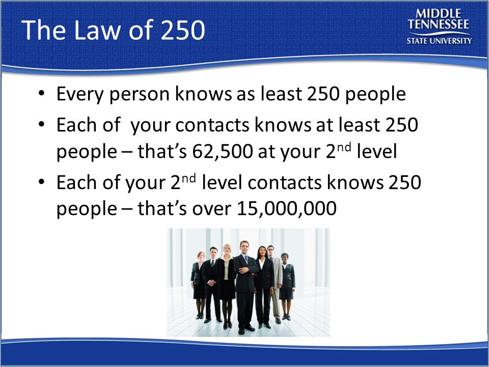 The Law of 250 Every person knows as least 250 people Each of your contacts knows at least 250 people – that’s 62,500 at your 2 nd level Each of your 2 nd level contacts knows 250 people – that’s over 15,000,000