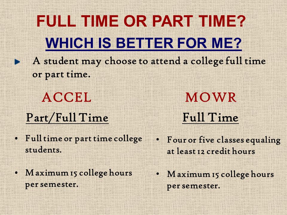 WHICH IS BETTER FOR ME. A student may choose to attend a college full time or part time.