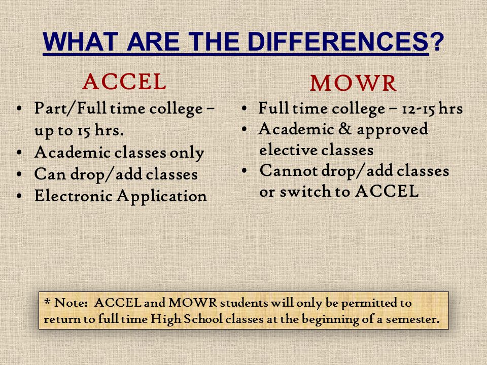WHAT ARE THE DIFFERENCES. ACCEL Part/Full time college – up to 15 hrs.