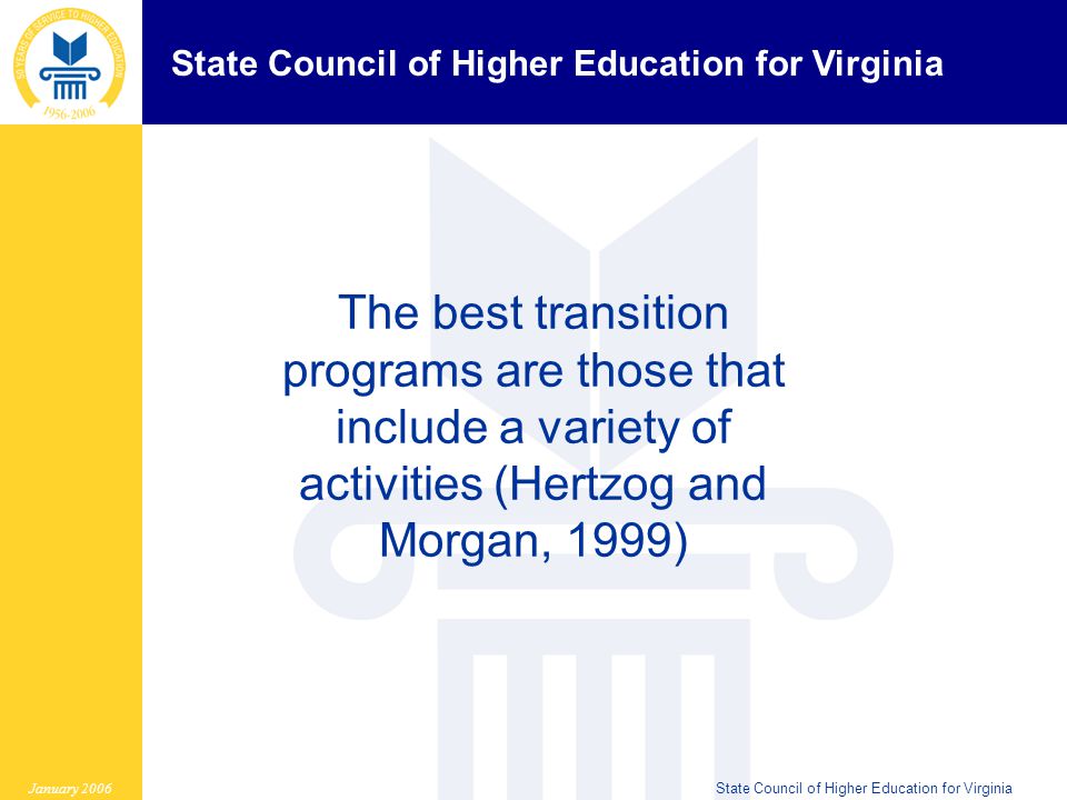 State Council of Higher Education for Virginia January 2006State Council of Higher Education for Virginia The best transition programs are those that include a variety of activities (Hertzog and Morgan, 1999)