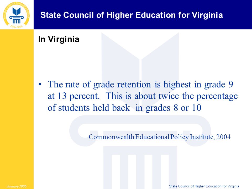 State Council of Higher Education for Virginia January 2006State Council of Higher Education for Virginia In Virginia The rate of grade retention is highest in grade 9 at 13 percent.
