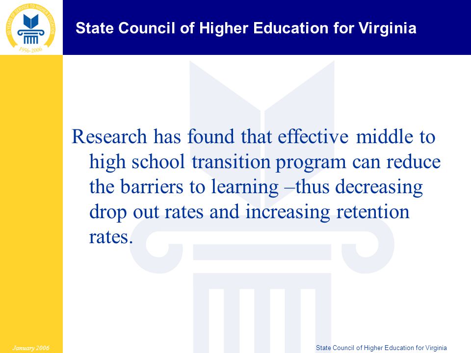 State Council of Higher Education for Virginia January 2006State Council of Higher Education for Virginia Research has found that effective middle to high school transition program can reduce the barriers to learning –thus decreasing drop out rates and increasing retention rates.