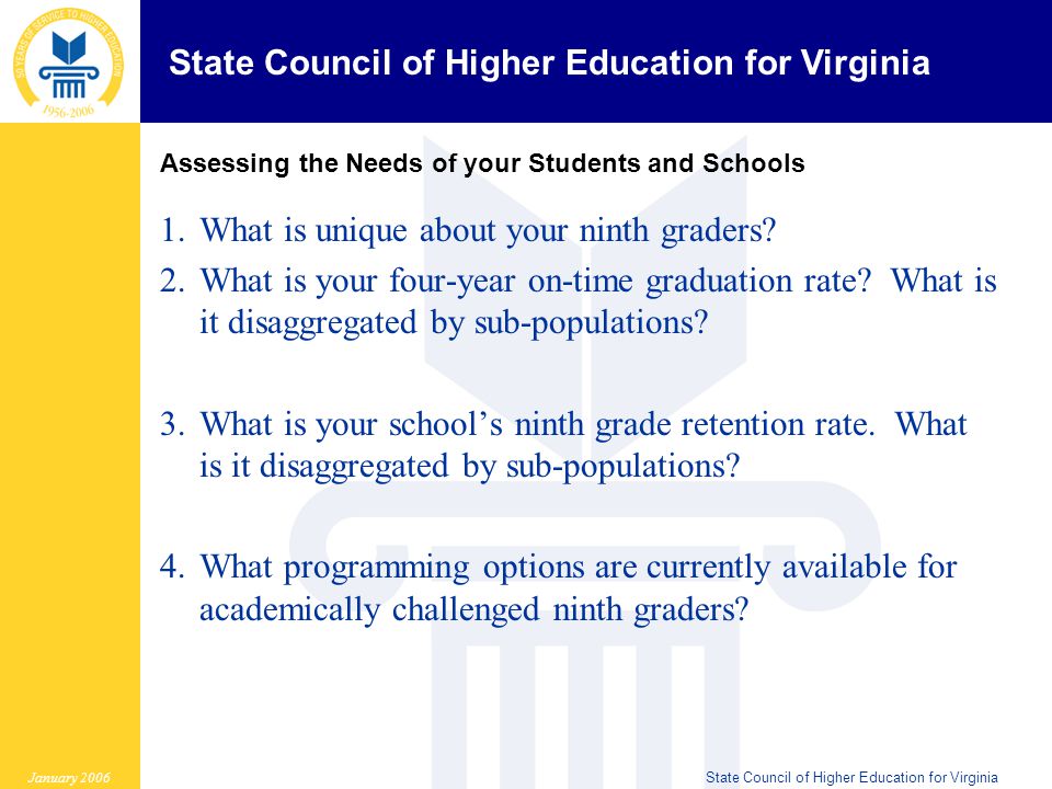 State Council of Higher Education for Virginia January 2006State Council of Higher Education for Virginia Assessing the Needs of your Students and Schools 1.What is unique about your ninth graders.