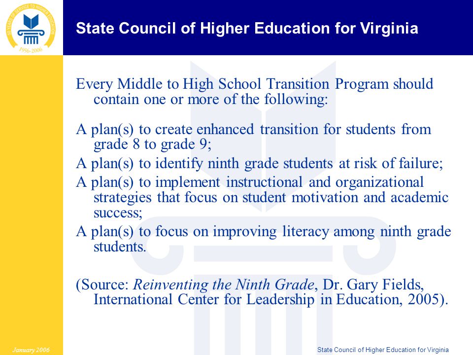 State Council of Higher Education for Virginia January 2006State Council of Higher Education for Virginia Every Middle to High School Transition Program should contain one or more of the following: A plan(s) to create enhanced transition for students from grade 8 to grade 9; A plan(s) to identify ninth grade students at risk of failure; A plan(s) to implement instructional and organizational strategies that focus on student motivation and academic success; A plan(s) to focus on improving literacy among ninth grade students.
