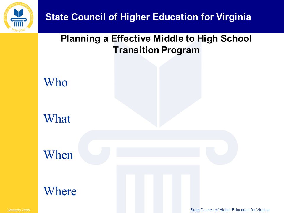 State Council of Higher Education for Virginia January 2006State Council of Higher Education for Virginia Planning a Effective Middle to High School Transition Program Who What When Where