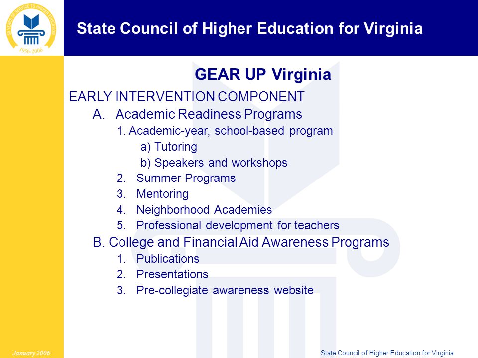 State Council of Higher Education for Virginia January 2006State Council of Higher Education for Virginia GEAR UP Virginia EARLY INTERVENTION COMPONENT A.