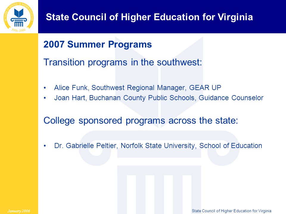 State Council of Higher Education for Virginia January 2006State Council of Higher Education for Virginia 2007 Summer Programs Transition programs in the southwest: Alice Funk, Southwest Regional Manager, GEAR UP Joan Hart, Buchanan County Public Schools, Guidance Counselor College sponsored programs across the state: Dr.