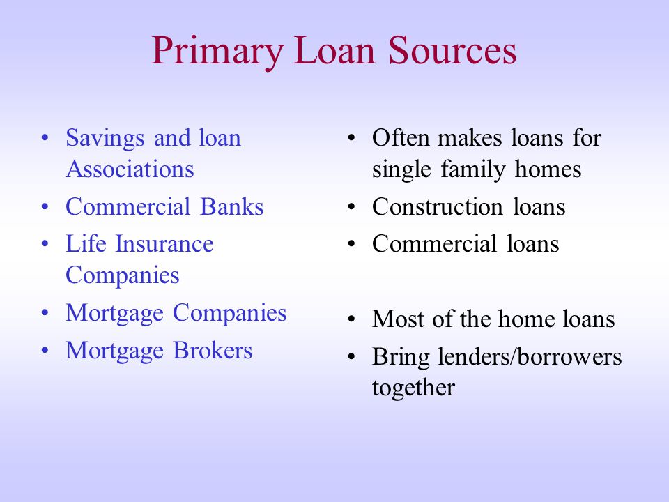 Primary Loan Sources Savings and loan Associations Commercial Banks Life Insurance Companies Mortgage Companies Mortgage Brokers Often makes loans for single family homes Construction loans Commercial loans Most of the home loans Bring lenders/borrowers together