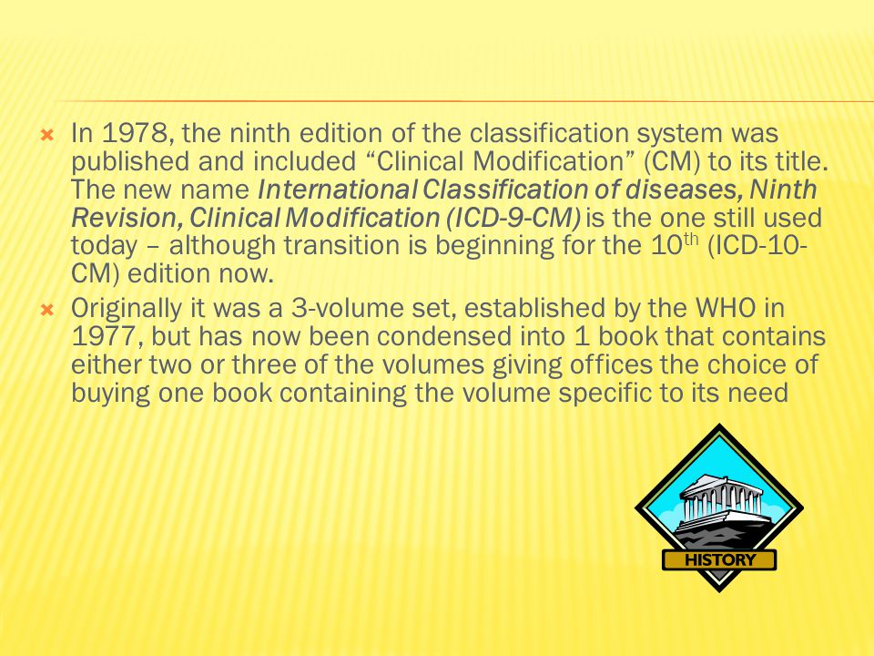  In 1978, the ninth edition of the classification system was published and included Clinical Modification (CM) to its title.