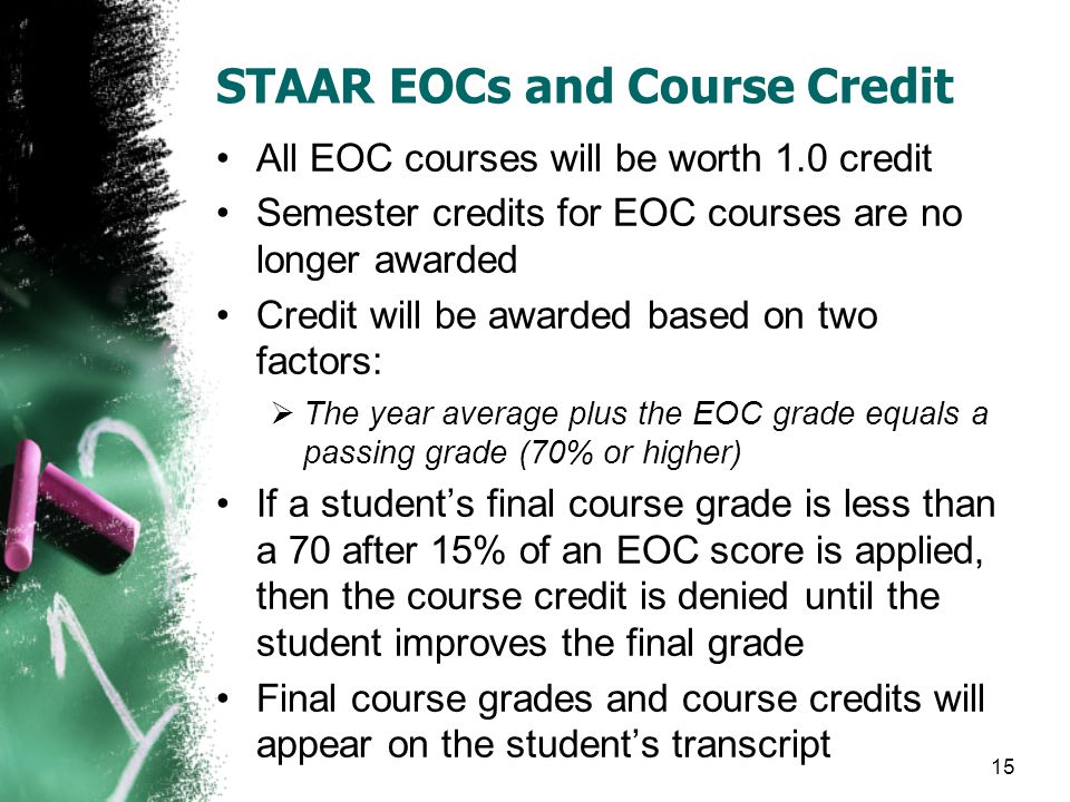 STAAR EOCs and Course Credit All EOC courses will be worth 1.0 credit Semester credits for EOC courses are no longer awarded Credit will be awarded based on two factors:  The year average plus the EOC grade equals a passing grade (70% or higher) If a student’s final course grade is less than a 70 after 15% of an EOC score is applied, then the course credit is denied until the student improves the final grade Final course grades and course credits will appear on the student’s transcript 15