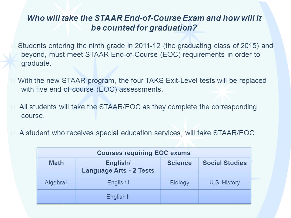 Who will take the STAAR End-of-Course Exam and how will it be counted for graduation.