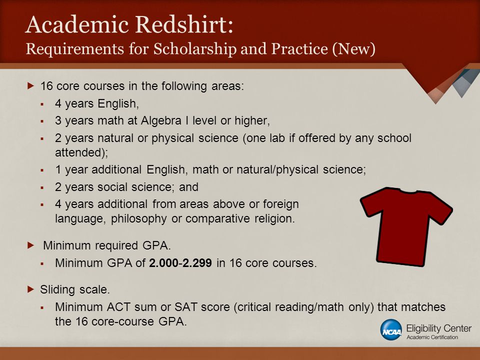 Academic Redshirt: Requirements for Scholarship and Practice (New)  16 core courses in the following areas:  4 years English,  3 years math at Algebra I level or higher,  2 years natural or physical science (one lab if offered by any school attended);  1 year additional English, math or natural/physical science;  2 years social science; and  4 years additional from areas above or foreign language, philosophy or comparative religion.