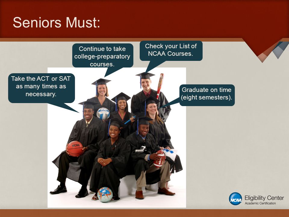 Take the ACT or SAT as many times as necessary. Check your List of NCAA Courses.