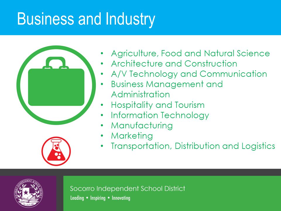 Business and Industry Agriculture, Food and Natural Science Architecture and Construction A/V Technology and Communication Business Management and Administration Hospitality and Tourism Information Technology Manufacturing Marketing Transportation, Distribution and Logistics