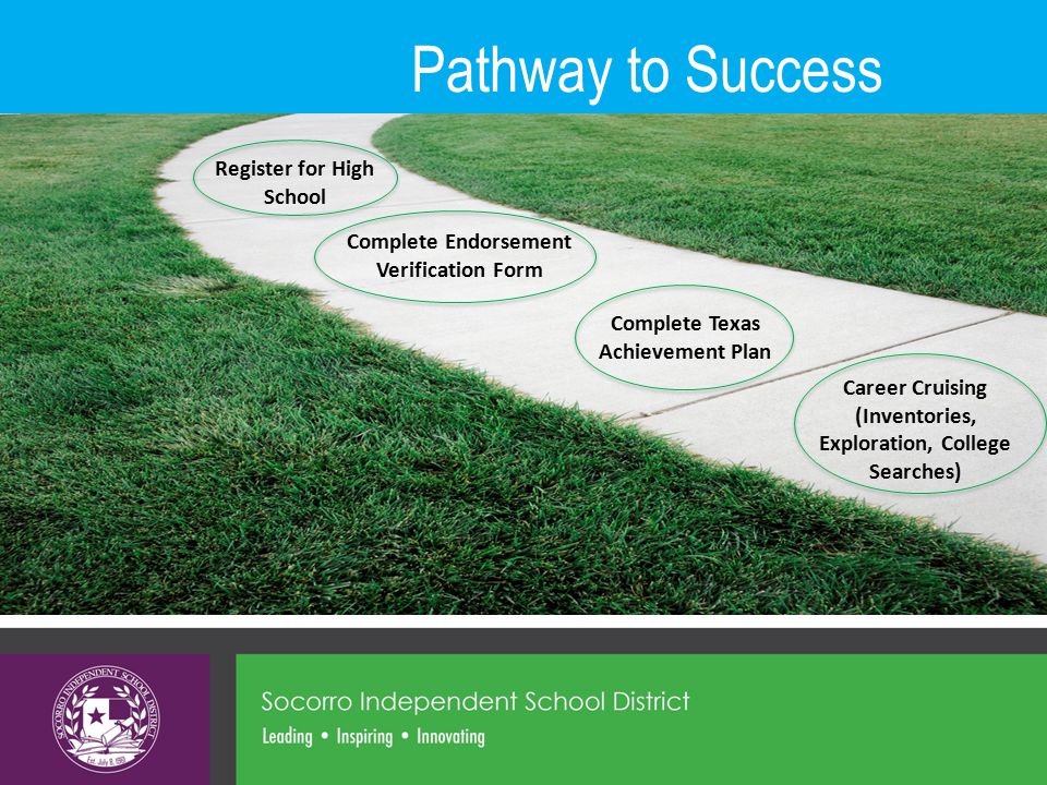 Pathway to Success Complete Texas Achievement Plan Complete Endorsement Verification Form Register for High School Career Cruising (Inventories, Exploration, College Searches)