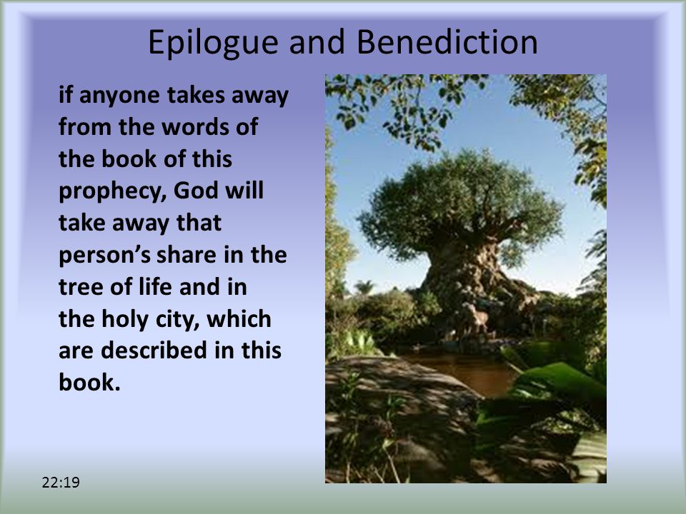 Epilogue and Benediction if anyone takes away from the words of the book of this prophecy, God will take away that person’s share in the tree of life and in the holy city, which are described in this book.