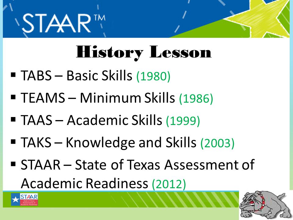 History Lesson  TABS – Basic Skills (1980)  TEAMS – Minimum Skills (1986)  TAAS – Academic Skills (1999)  TAKS – Knowledge and Skills (2003)  STAAR – State of Texas Assessment of Academic Readiness (2012)