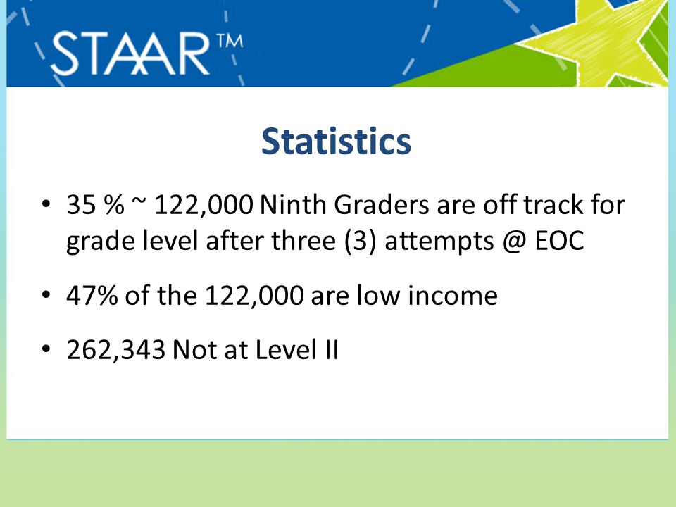 Statistics 35 % ~ 122,000 Ninth Graders are off track for grade level after three (3) EOC 47% of the 122,000 are low income 262,343 Not at Level II