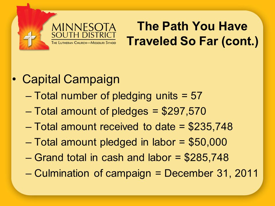 The Path You Have Traveled So Far (cont.) Capital Campaign –Total number of pledging units = 57 –Total amount of pledges = $297,570 –Total amount received to date = $235,748 –Total amount pledged in labor = $50,000 –Grand total in cash and labor = $285,748 –Culmination of campaign = December 31, 2011