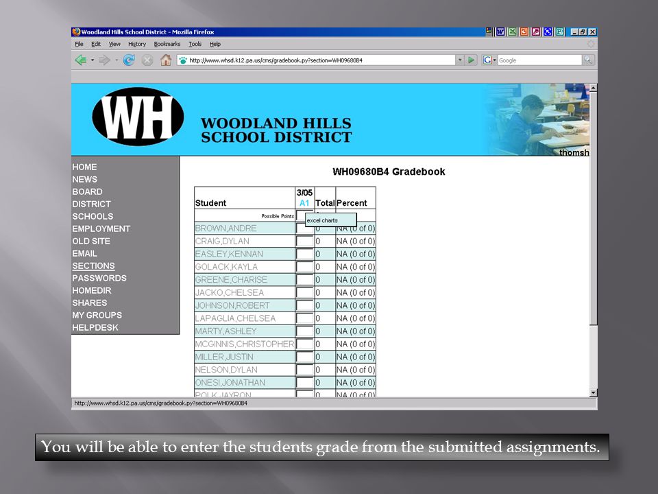 You will be able to enter the students grade from the submitted assignments.