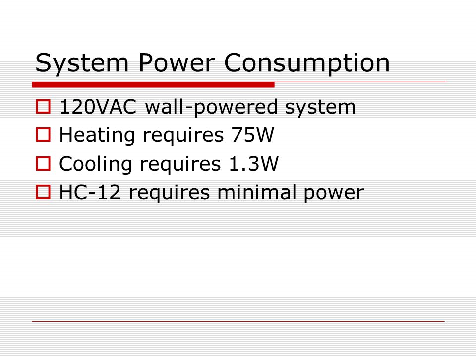 System Power Consumption  120VAC wall-powered system  Heating requires 75W  Cooling requires 1.3W  HC-12 requires minimal power